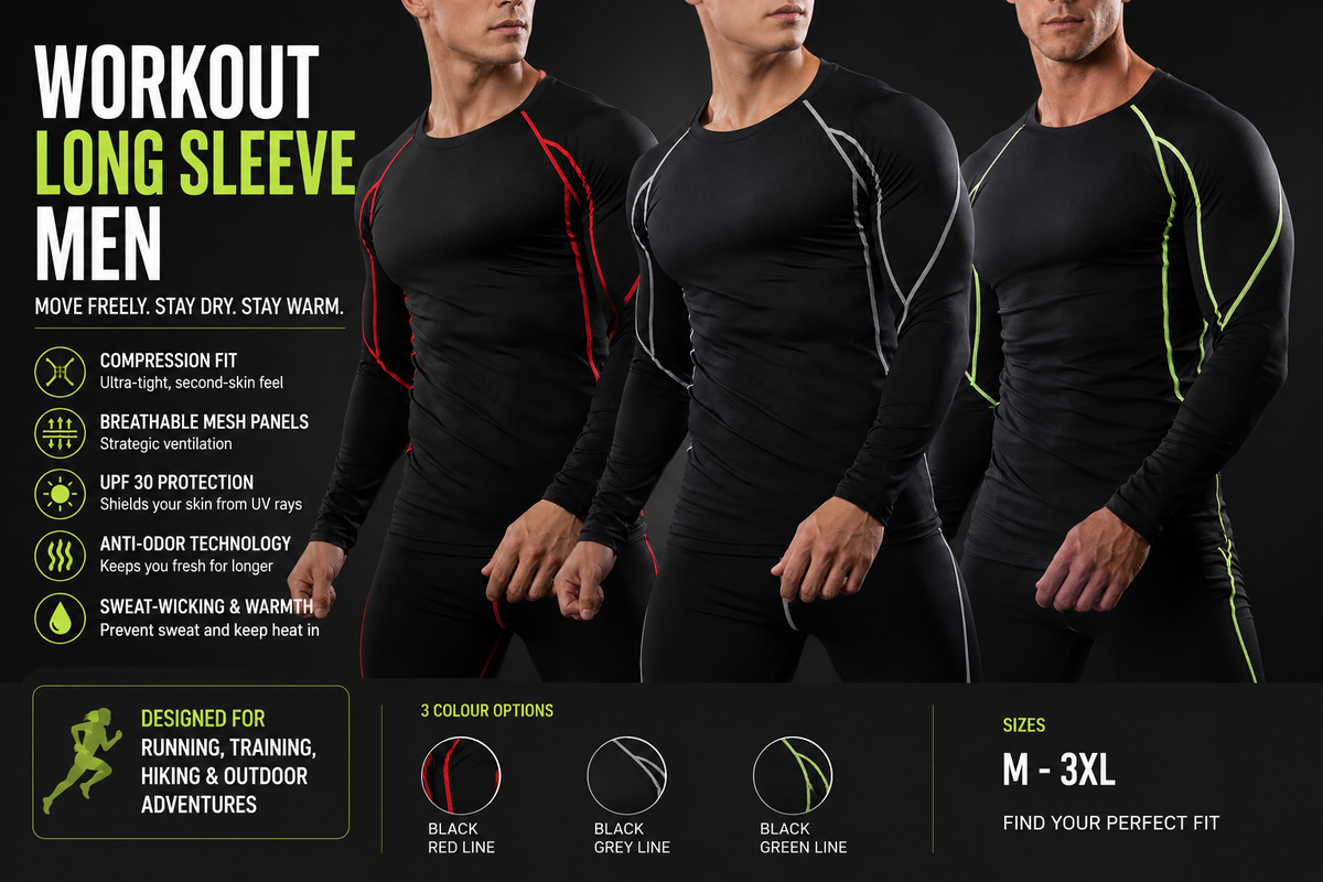 Men wearing black long sleeve compression training tops with red, grey and green line details, featuring breathable mesh panels, UPF 30 protection and lightweight support for running, hiking, outdoor workouts and active adventures.