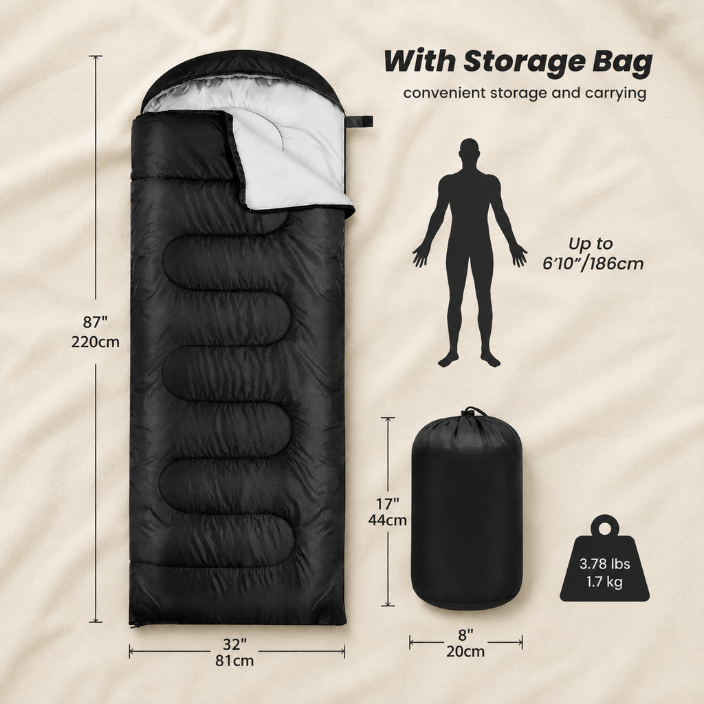 Black waterproof sleeping bag and matching storage bag displayed on a cream cloth background with size measurements, weight details and recommended user height.