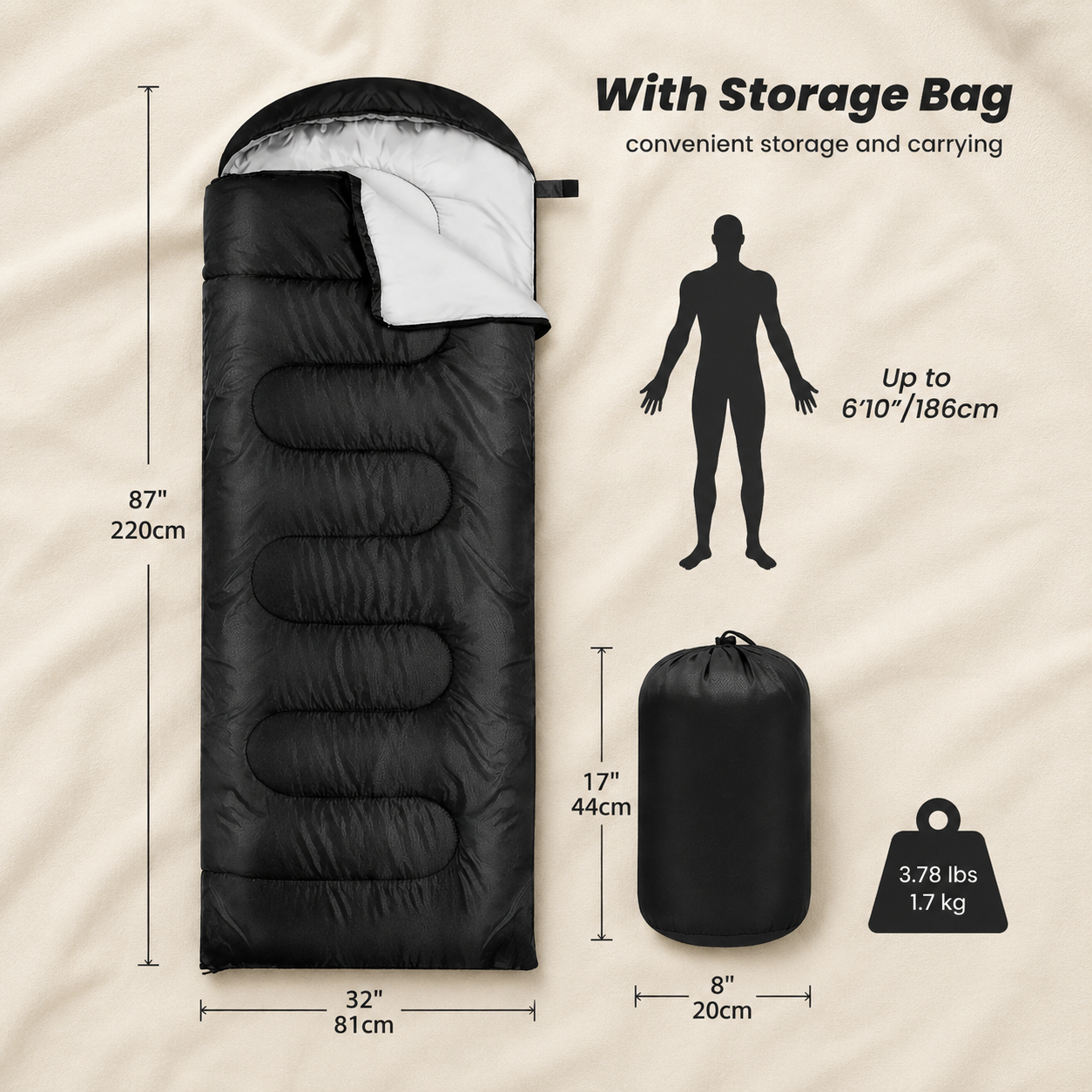 Black waterproof sleeping bag and matching storage bag displayed on a cream cloth background with size measurements, weight details and recommended user height.