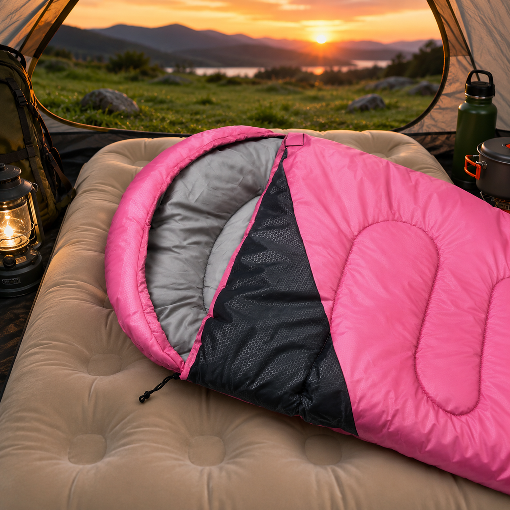 Pink all-season sleeping bag displayed on a soft white fabric background, featuring a waterproof outer shell, padded hood and lightweight envelope design for camping and hiking.