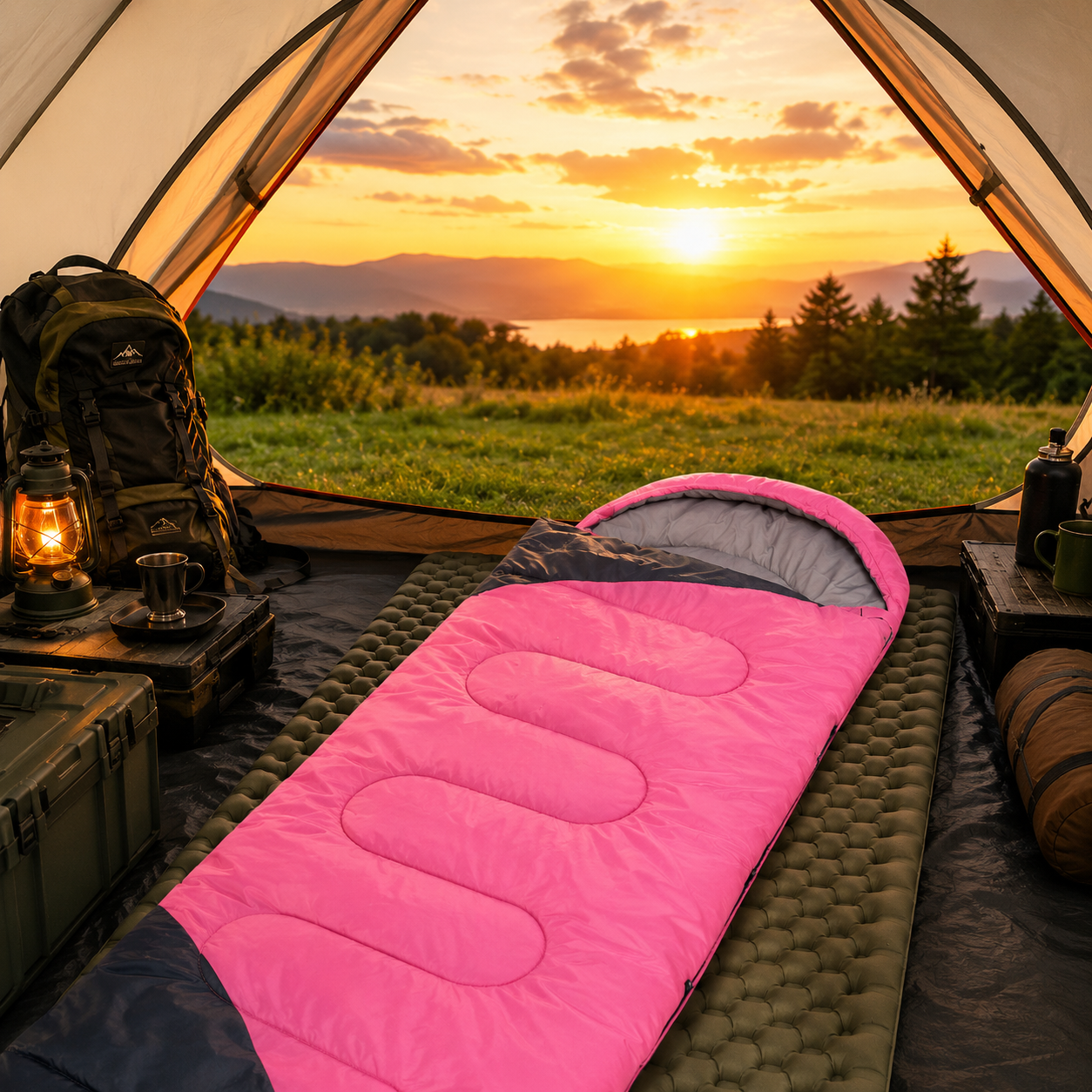 Pink all-season waterproof sleeping bag on a camping mat inside a tent at sunset with camping gear and green grass.