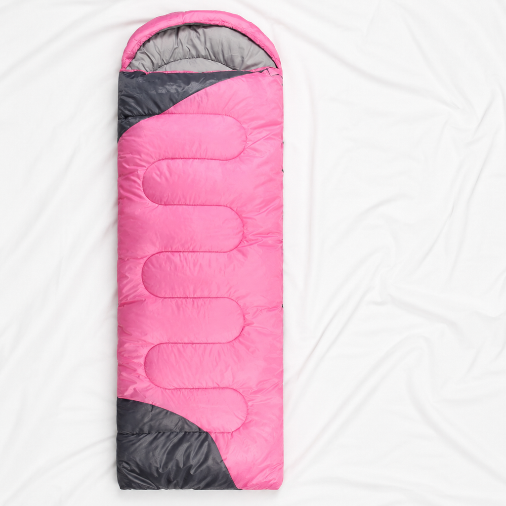 All-season sleeping bag displayed on a clean white fabric background, designed for comfortable camping in varying weather conditions.