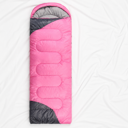 All-season sleeping bag displayed on a clean white fabric background, designed for comfortable camping in varying weather conditions.