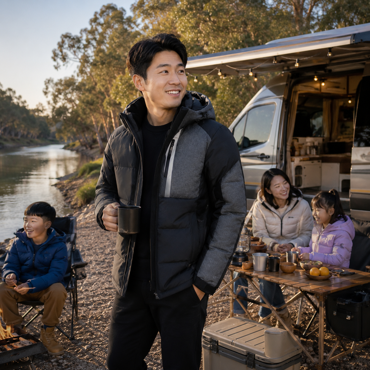 Black duck down jacket designed for warmth and comfort during winter camping and cold-weather outdoor adventures.