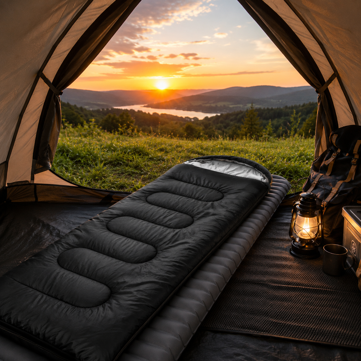 Black waterproof sleeping bag on an air mattress inside a camping tent at sunset with green grass and camping gear overlooking a scenic landscape.