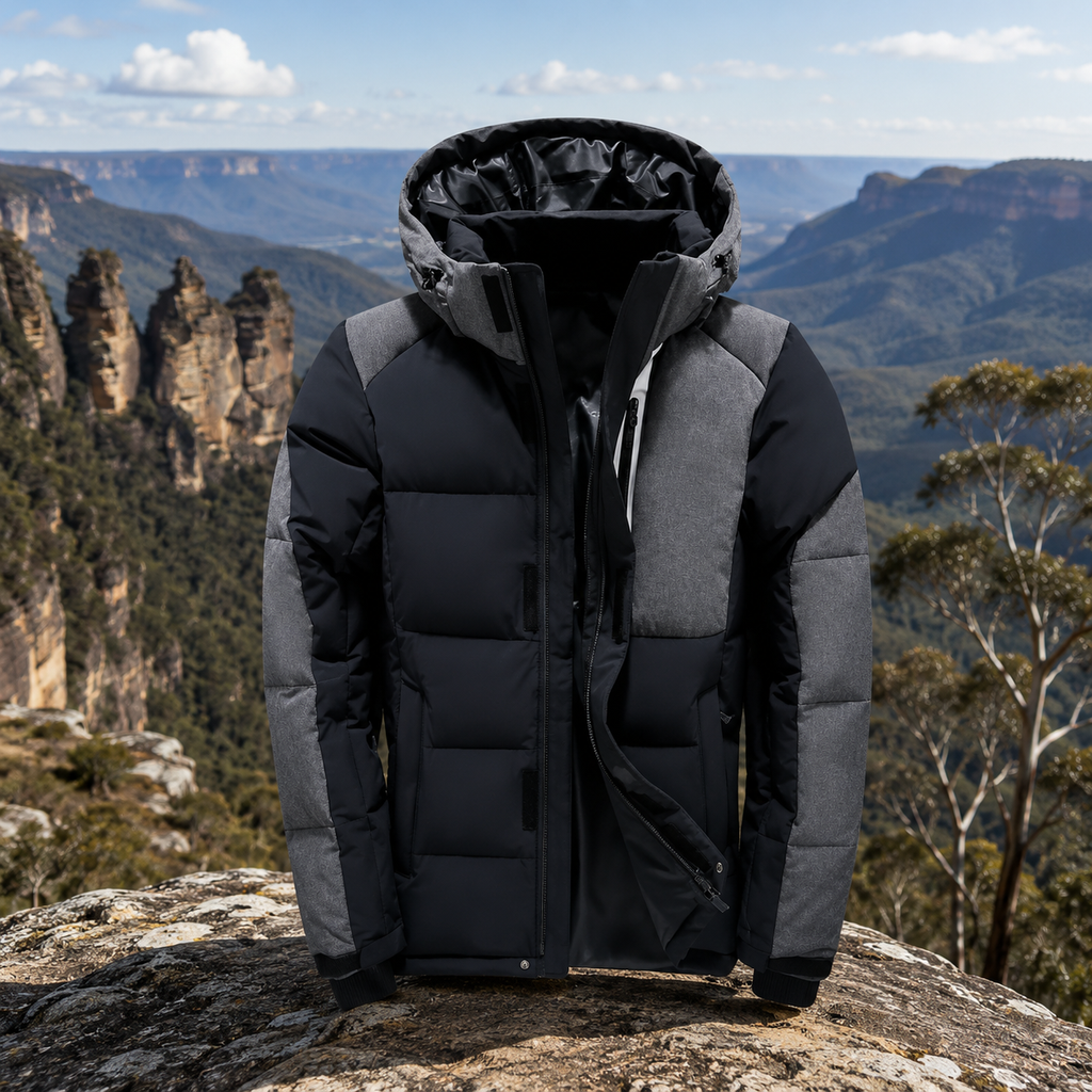 Shop men's black duck down camping jackets for winter adventures, featuring a warm insulated jacket designed for cold weather camping and outdoor exploration.