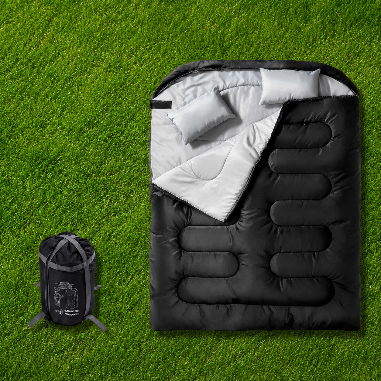 Shop black and grey camping sleeping bags on a green grass background, offering lightweight warmth and comfort for camping, hiking and outdoor adventures.