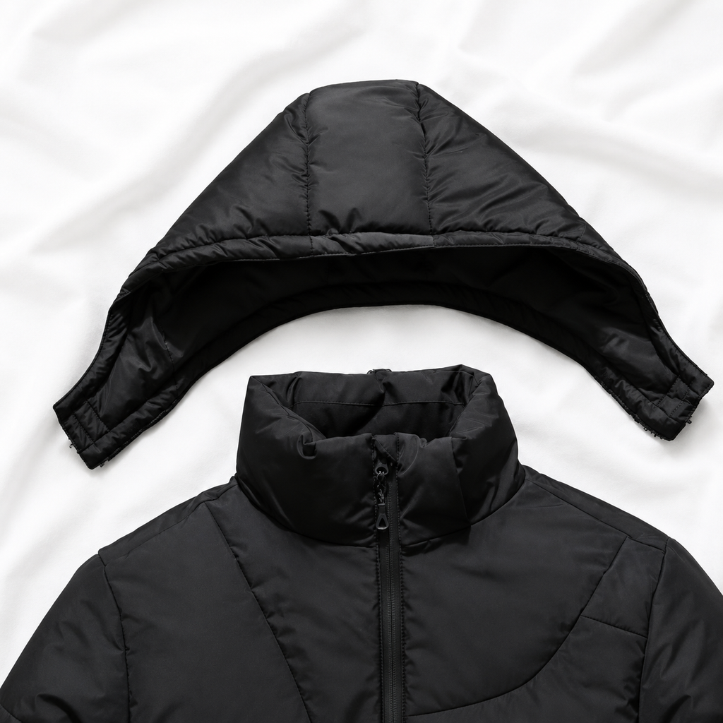 Black puffer jacket with a detachable hood displayed on a soft white cloth background, highlighting the removable hood design, insulated construction and full front zip for cold-weather comfort.