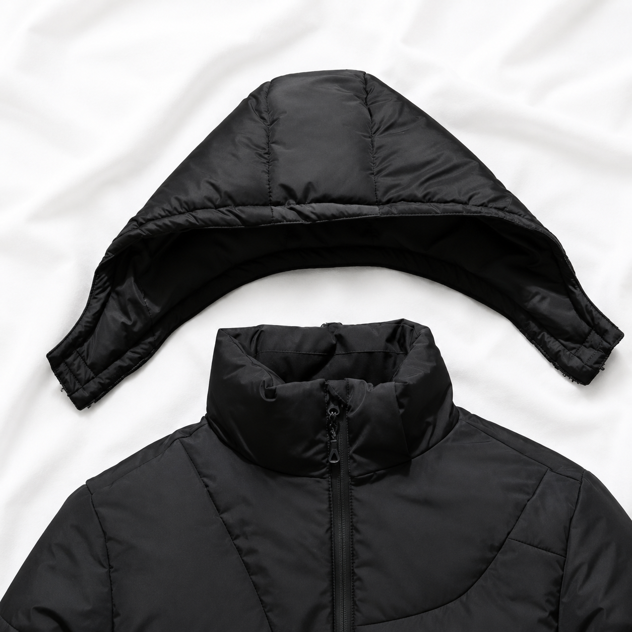 Black puffer jacket with a detachable hood displayed on a soft white cloth background, highlighting the removable hood design, insulated construction and full front zip for cold-weather comfort.