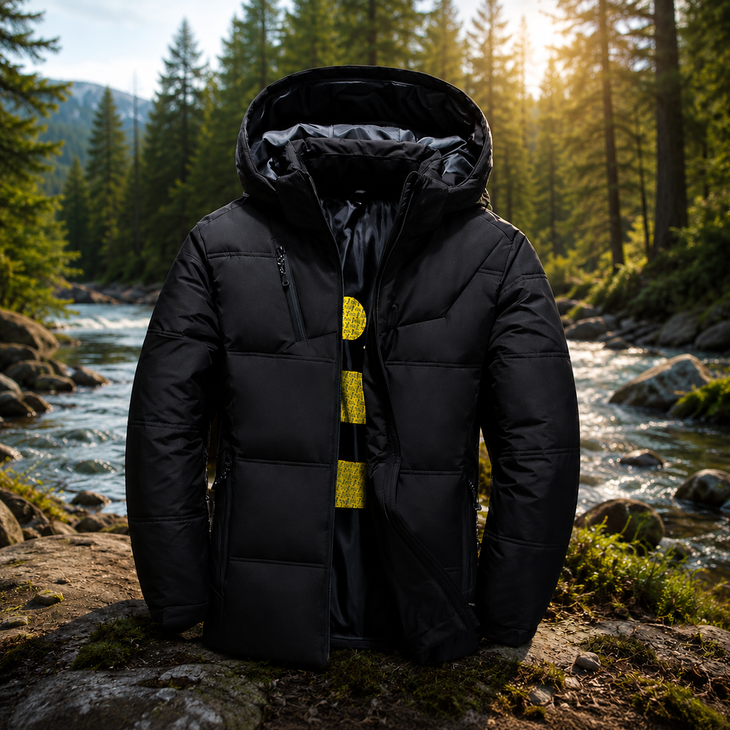 Black puffer jacket designed for cold-weather outdoor adventures, shown against a scenic forest and river background.