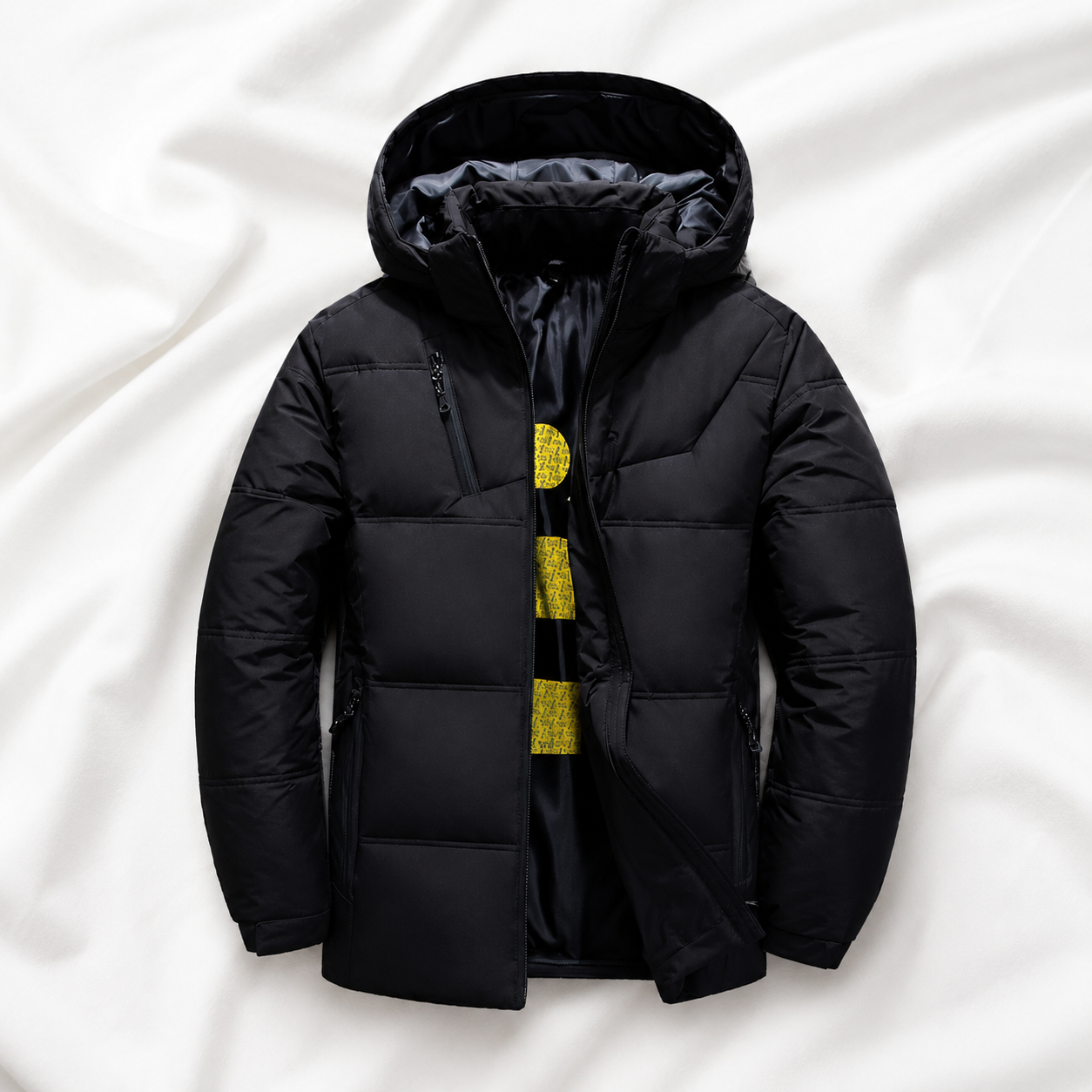 Black hooded puffer jacket displayed on a soft white cloth background, showcasing the insulated design, full front zip and practical winter styling.