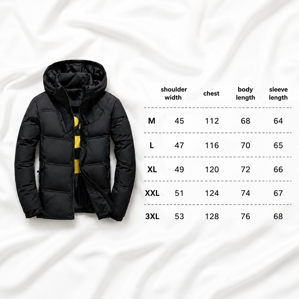 Black puffer jacket size chart displayed on a clean white fabric background to help customers select the correct fit.
