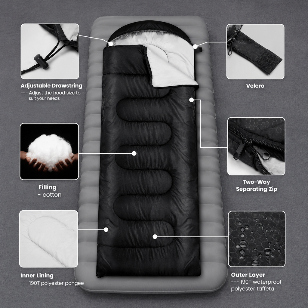 Feature infographic showing a black waterproof sleeping bag on an inflatable camping mattress, highlighting the adjustable hood, Velcro closure, cotton filling, inner lining, two-way zipper and durable outer fabric.
