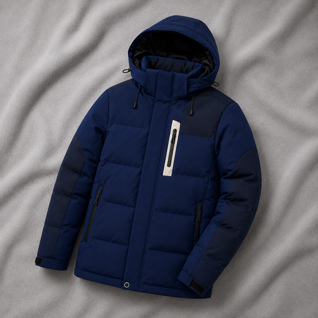Navy blue hooded winter puffer jacket displayed on a soft grey cloth background, showcasing the insulated design, waterproof outer fabric and zippered pockets.