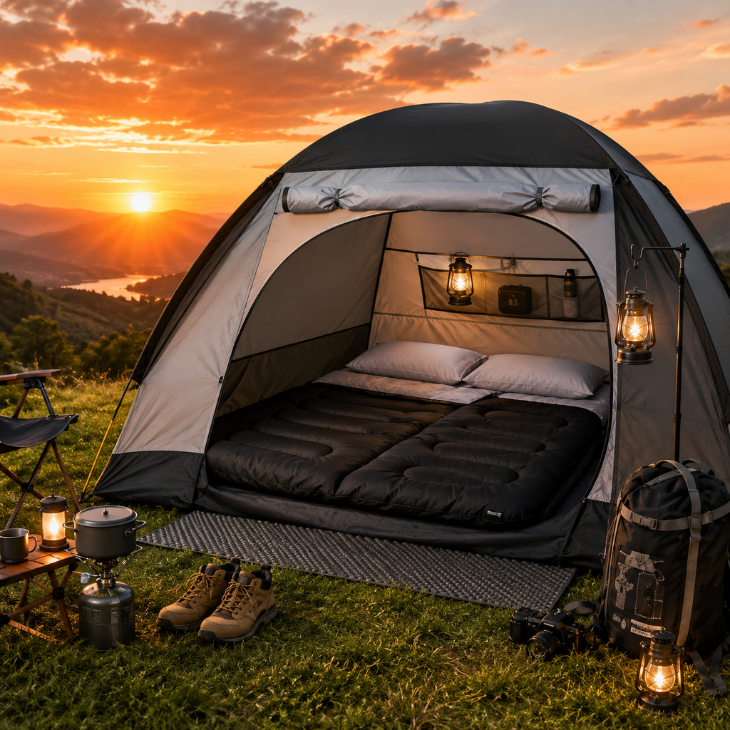 Shop camping sleeping bags with a floor mat on grass, designed for warmth, comfort and reliable outdoor camping adventures.