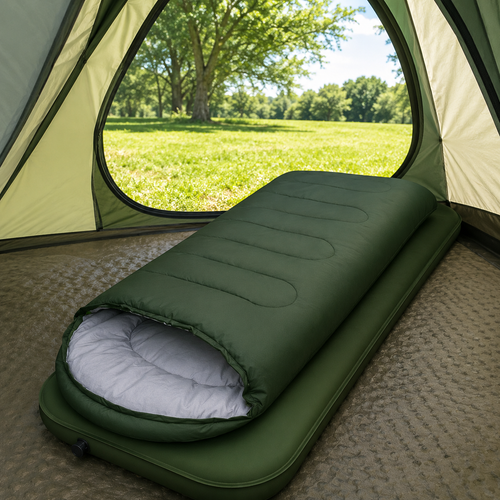 Shop camping sleeping bags on an air mattress inside a tent, designed for warmth, comfort and restful outdoor camping adventures.