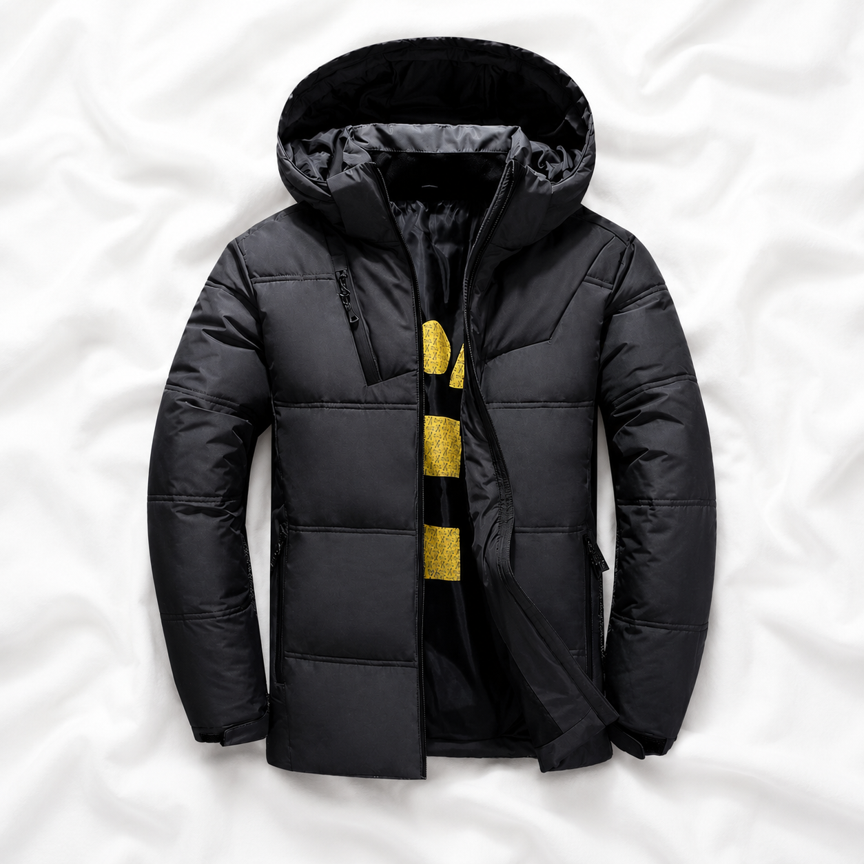 Charcoal hooded puffer jacket displayed on a soft white cloth background, highlighting its insulated design, quilted construction, full front zip and warm winter outerwear style.
