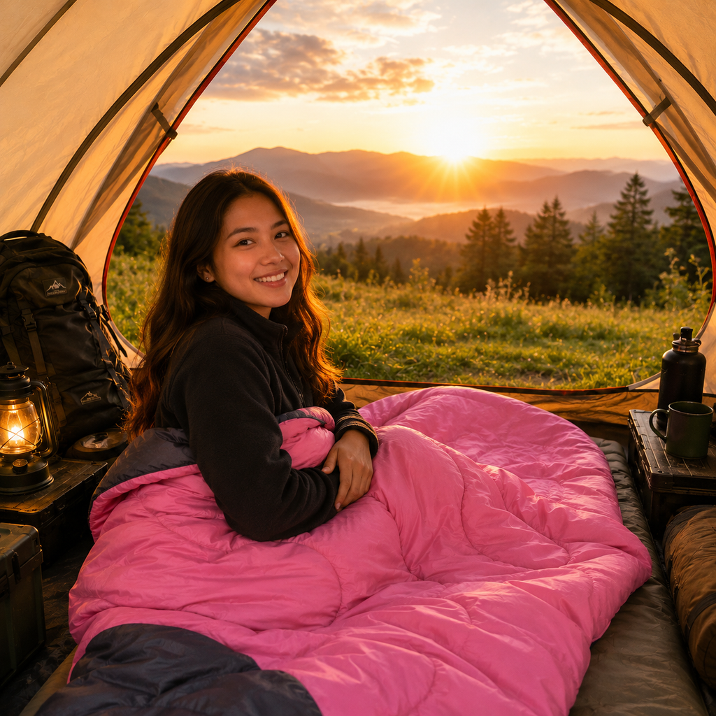 Filipino woman relaxing in a pink sleeping bag inside a camping tent at sunrise with camping gear and a scenic mountain landscape.