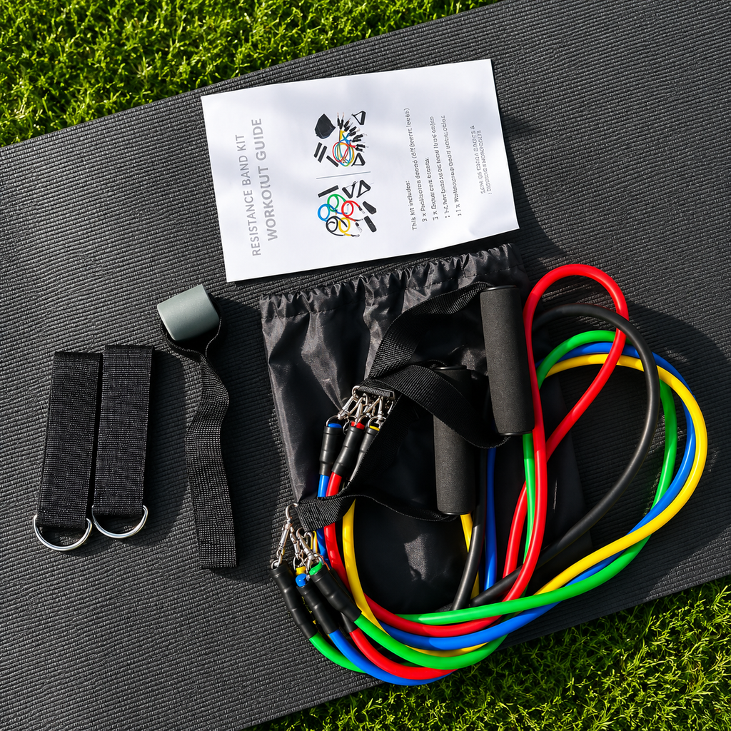Flexible resistance bands kit with a yoga mat for outdoor workouts, ideal for strength training, home fitness, camping and travel.