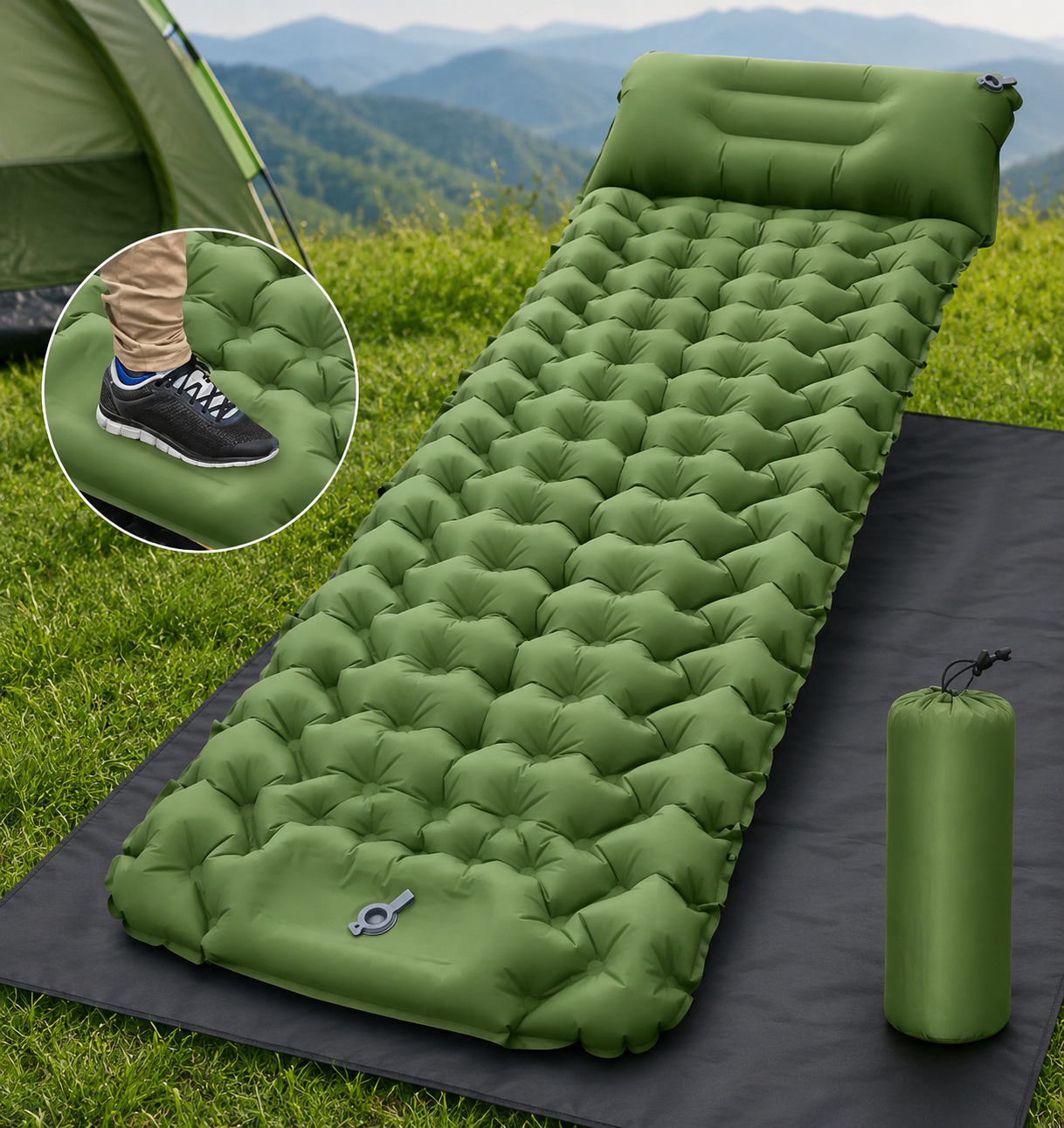 Green self-inflating camping sleeping pad on grass, providing lightweight comfort, insulation and reliable support for camping and outdoor adventures.