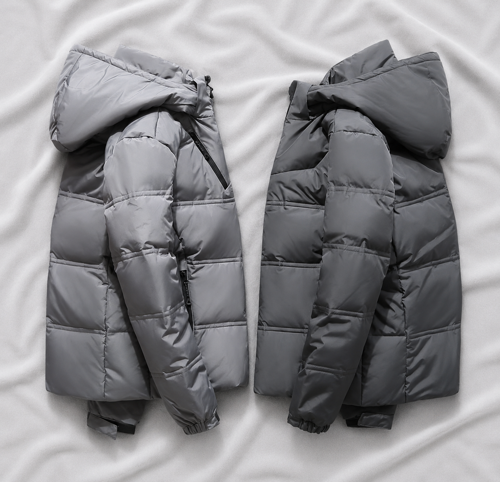 Light grey and dark grey hooded puffer jackets displayed on a soft light grey cloth background, showcasing insulated quilted construction and warm winter outerwear for cold-weather use.