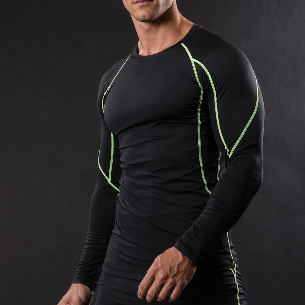 Men’s athletic long-sleeve compression top designed for gym workouts, training and active performance.