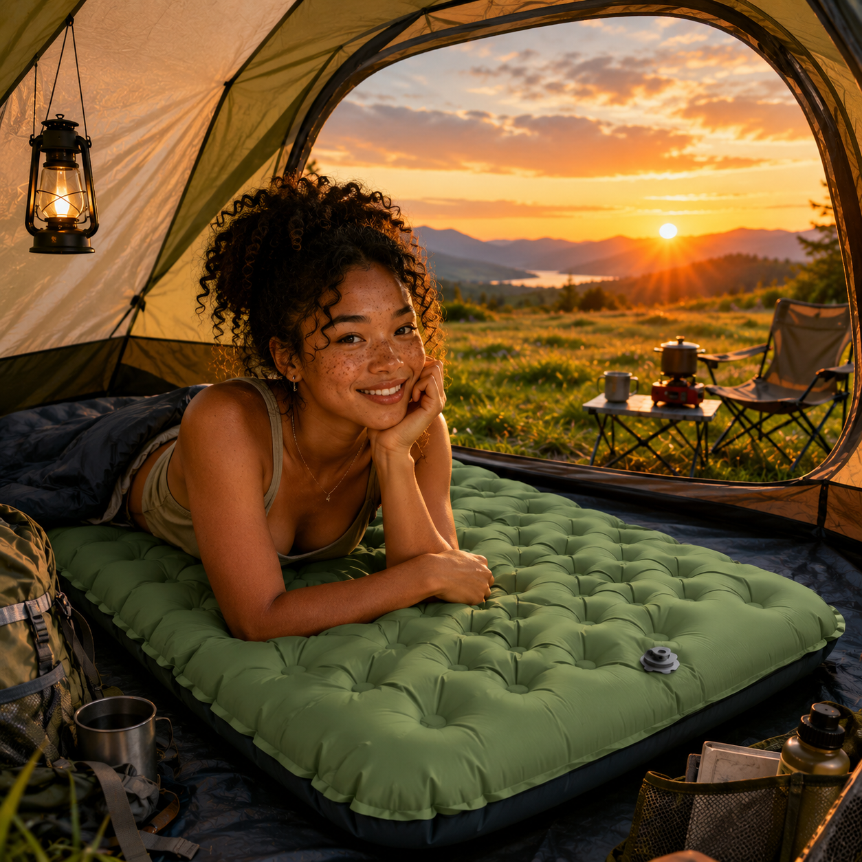 Shop inflatable camping air mattresses providing comfortable support inside a tent at sunset, ideal for camping, hiking and outdoor adventures.