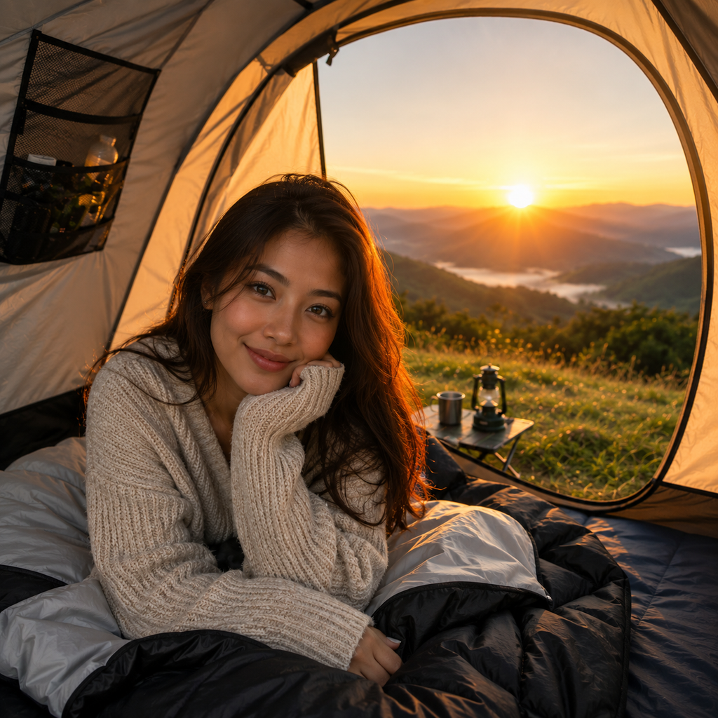 Shop camping mattresses set up at sunrise in the mountains, providing comfortable support for camping, hiking and outdoor adventures.