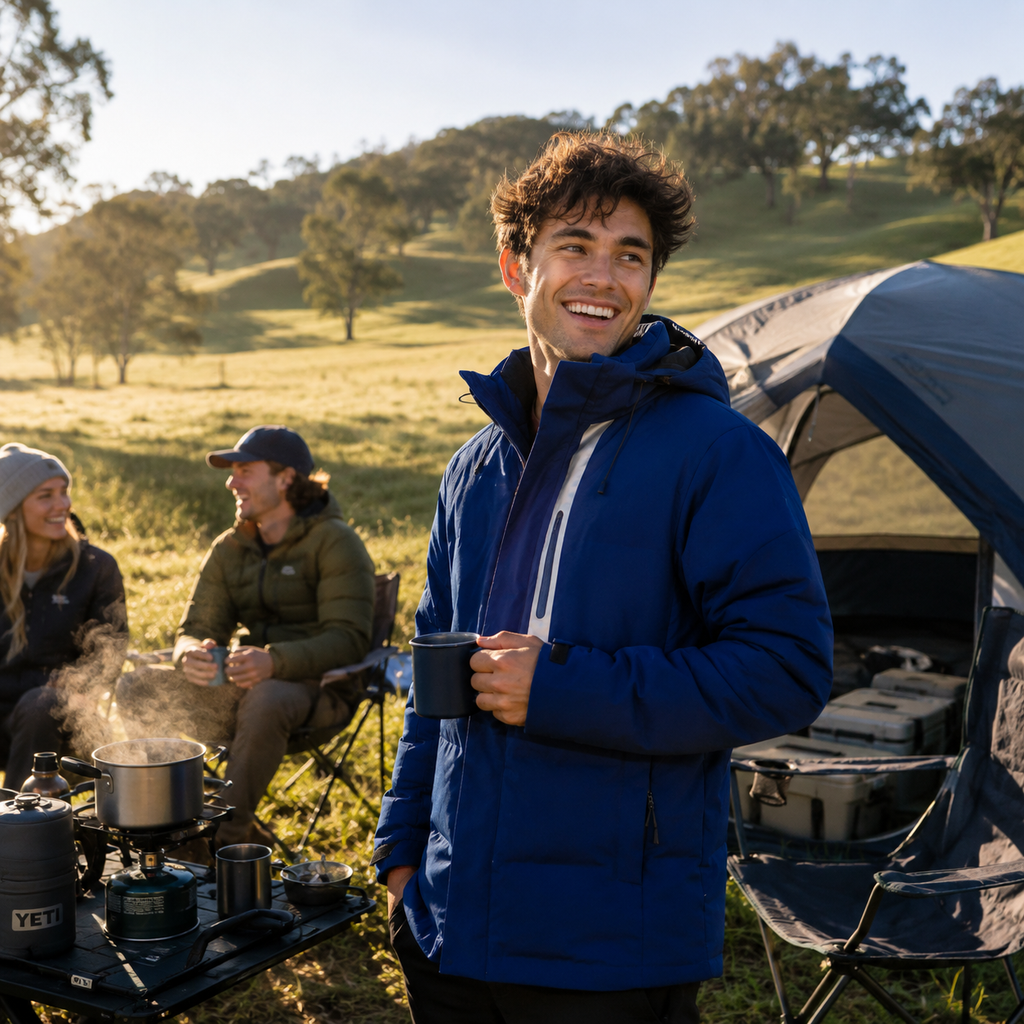 Men’s navy blue duck down jacket designed for warmth and comfort during cold-weather camping trips.
