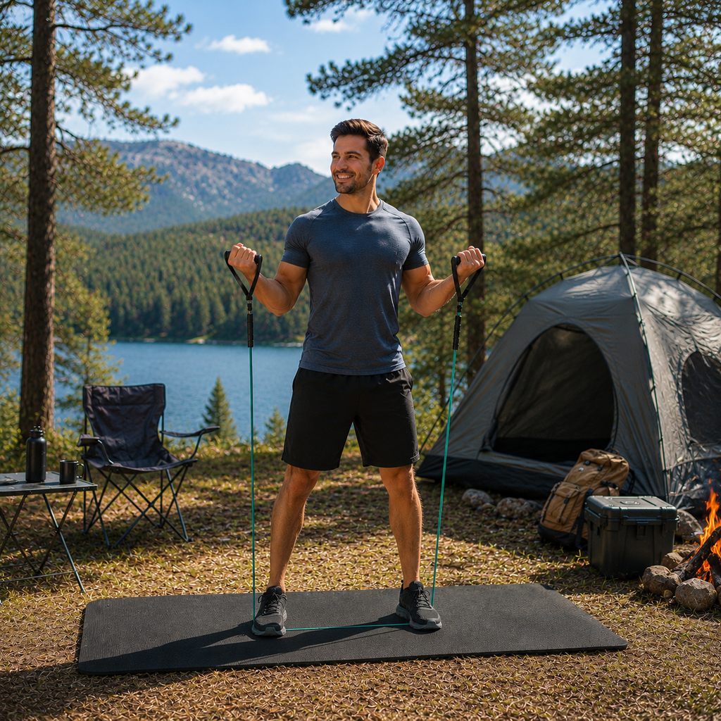 Resistance bands and a black yoga mat set up for an outdoor gym workout, featuring a rubber resistance band set for strength training, fitness and camping adventures.