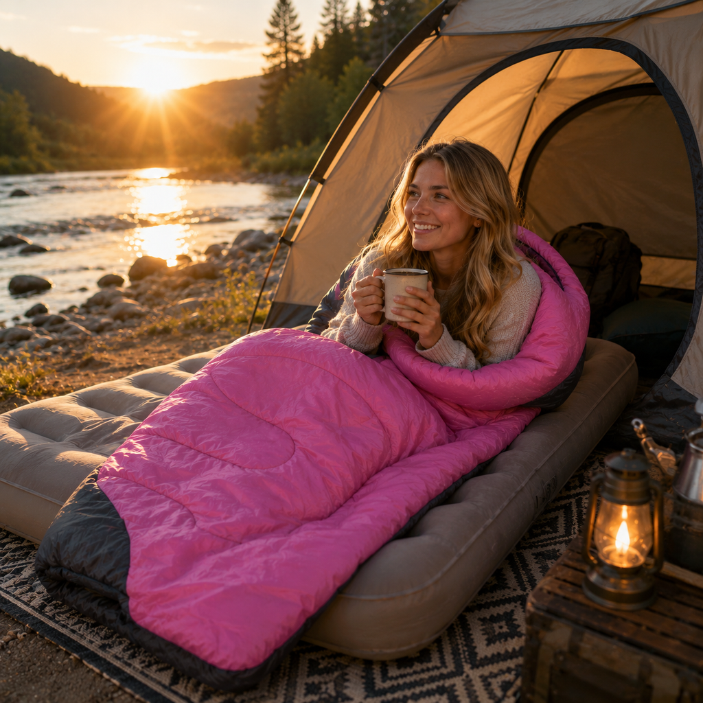 Happy woman relaxing in a pink sleeping bag on an air mattress and camping floor mat beside a river at sunrise, outside a tent with camping gear.
