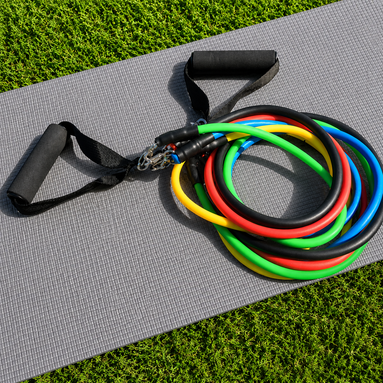 Portable resistance bands with foam handles arranged on a grey yoga mat over green grass, showcasing a compact fitness kit for outdoor workouts, strength training, stretching and yoga.