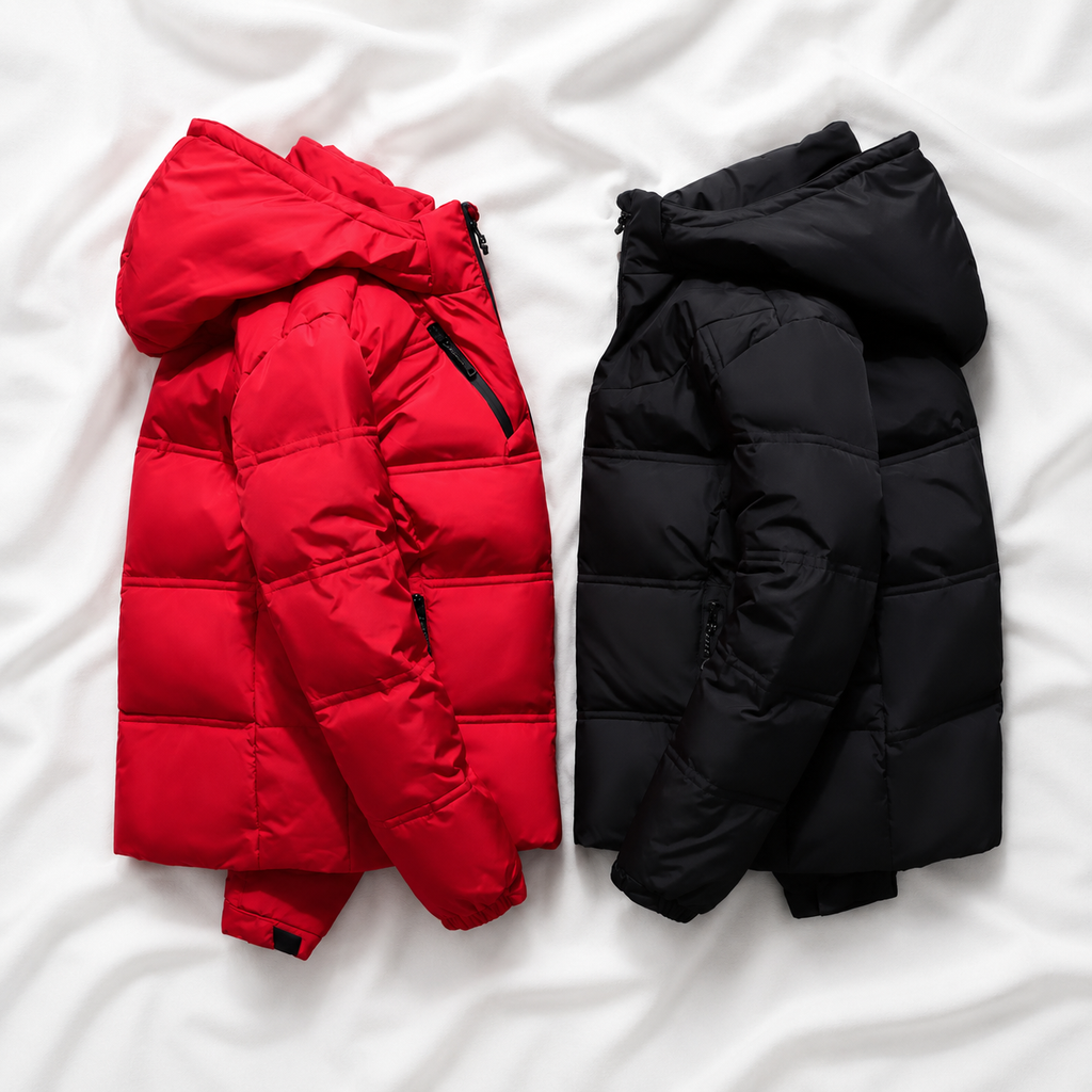 Red and black puffer jackets displayed on a clean white fabric background, designed for warmth during cold-weather outdoor activities.