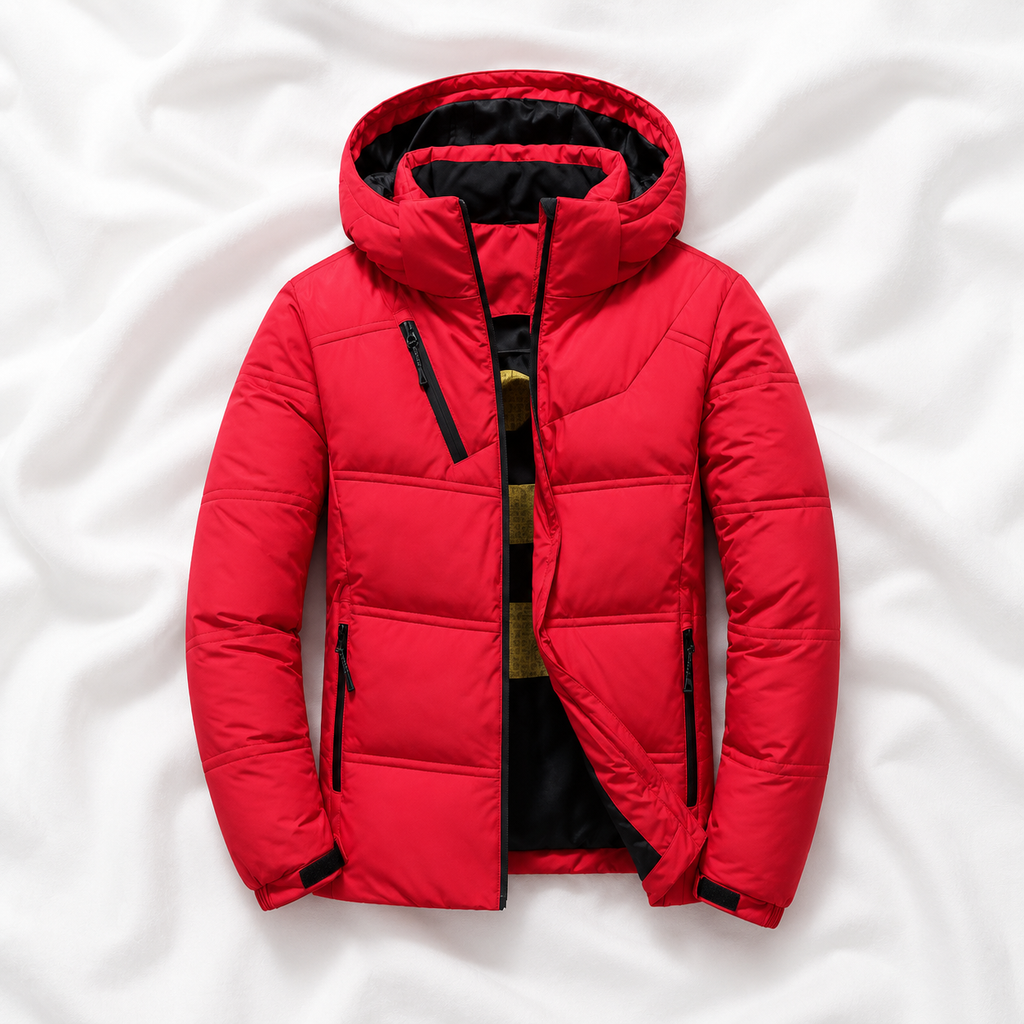 Red hooded puffer jacket displayed on a soft white cloth background, showcasing its insulated design, full front zip and practical winter outerwear styling.