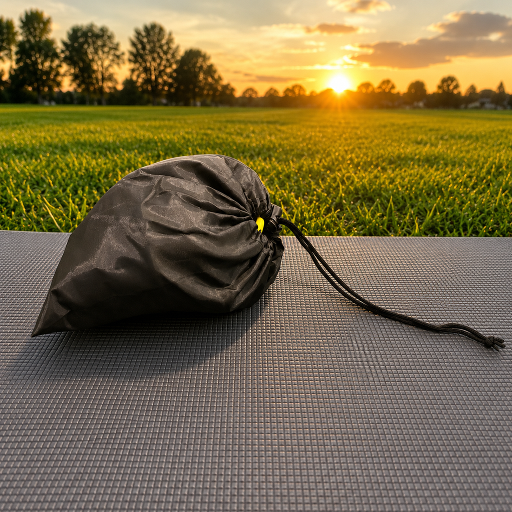 Resistance band kit carry bag placed on a grey yoga mat with lush green grass and a sunset backdrop, showcasing a portable storage pouch for outdoor workouts, yoga and fitness training.