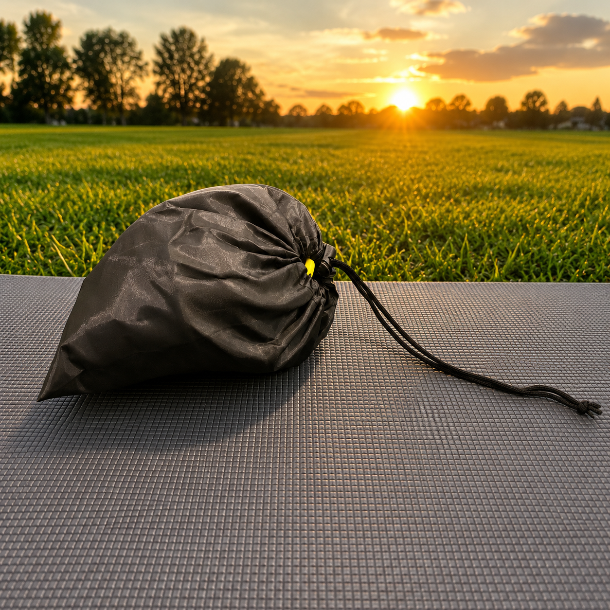 Resistance band kit carry bag placed on a grey yoga mat with lush green grass and a sunset backdrop, showcasing a portable storage pouch for outdoor workouts, yoga and fitness training.