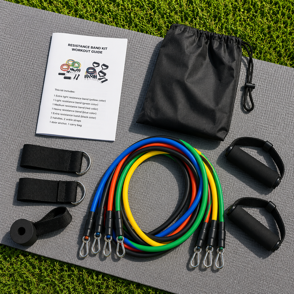 Resistance band kit with five colour-coded exercise bands, foam handles, ankle straps, door anchor, carry bag and workout guide displayed on a grey yoga mat over green grass.