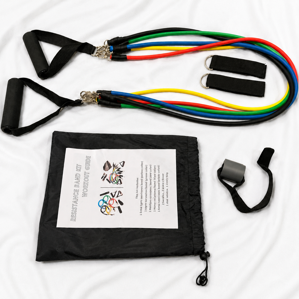 Resistance band kit neatly arranged on a soft white cloth background, featuring five colour-coded resistance bands, foam handles, ankle straps, a door anchor, carry bag and workout guide for strength training, yoga and full body workouts.