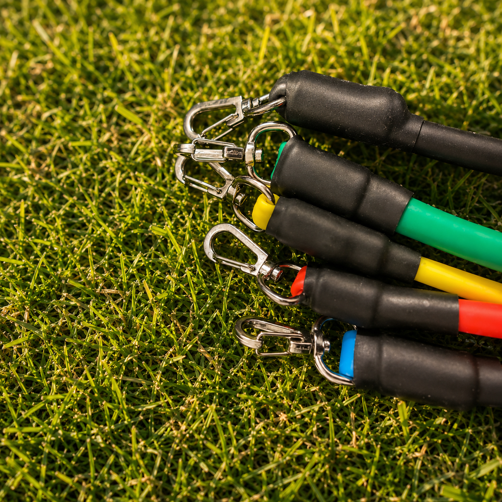 Close-up of colour-coded resistance bands with durable metal clips displayed on green grass, highlighting secure attachment hardware for strength training, outdoor workouts and portable fitness equipment.