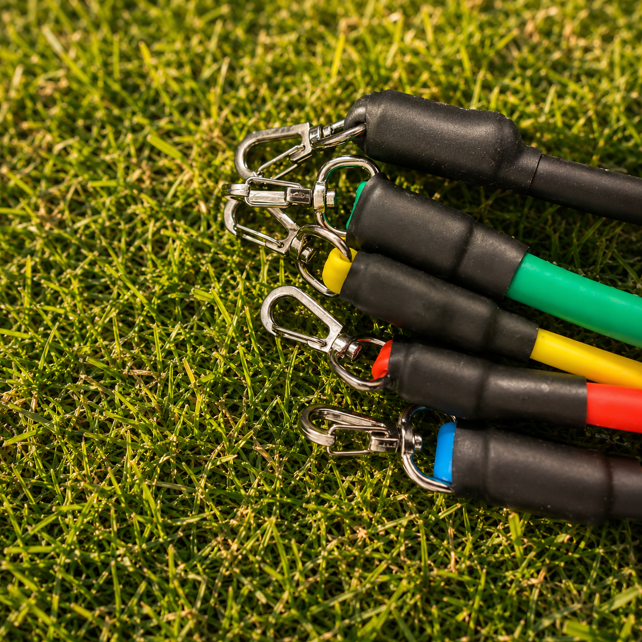 Close-up of colour-coded resistance bands with durable metal clips displayed on green grass, highlighting secure attachment hardware for strength training, outdoor workouts and portable fitness equipment.