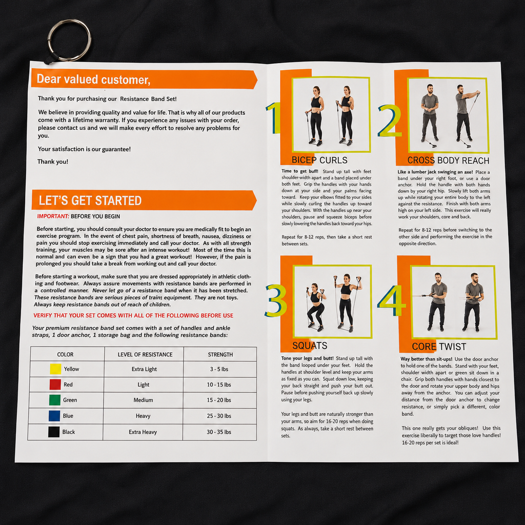 Resistance band workout guide booklet displayed on a black cloth background, featuring exercise instructions, resistance levels, safety information and full-body workout illustrations for resistance band training.
