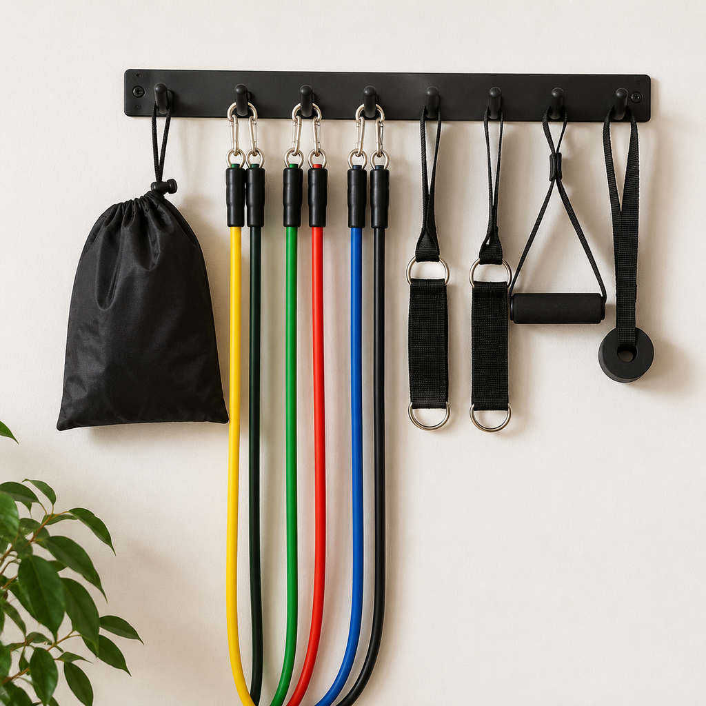 Resistance bands neatly organised on a wall-mounted storage rack in a home gym.
