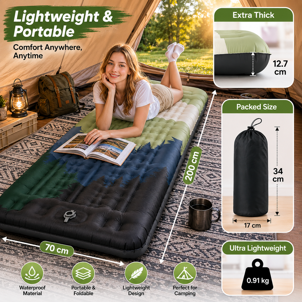Automatic Inflatable Camping Mattress with Pillow and Built-in Foot Pump