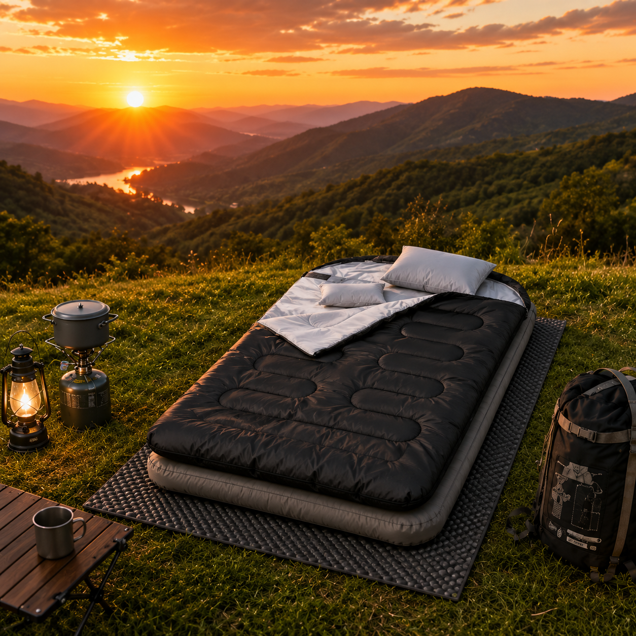 Shop camping sleeping bags on an air mattress at sunset, providing warmth and comfort for relaxing outdoor camping adventures.