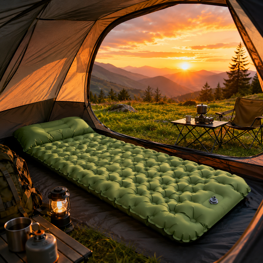 Inflatable camping air mattress set up inside a tent on green grass at sunset, providing comfortable support for overnight camping and outdoor adventures.