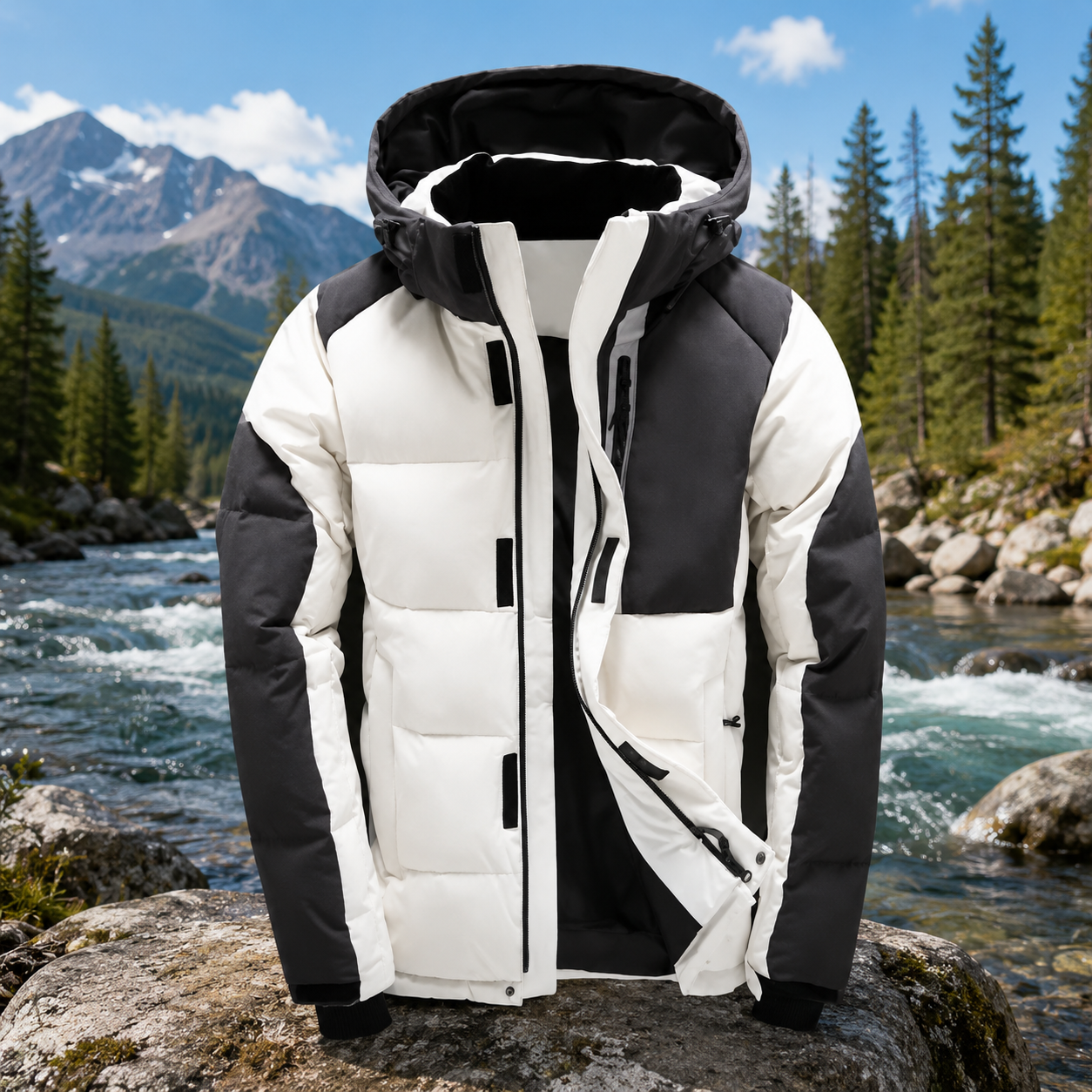 Shop men's white duck down jackets for cold weather camping and outdoor adventures, featuring lightweight insulated warmth for hiking and winter exploration.