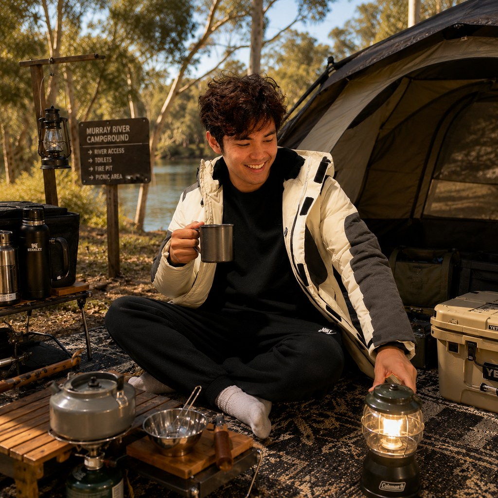 Men’s white duck down jacket designed for warm, comfortable camping beside a river in cold weather.