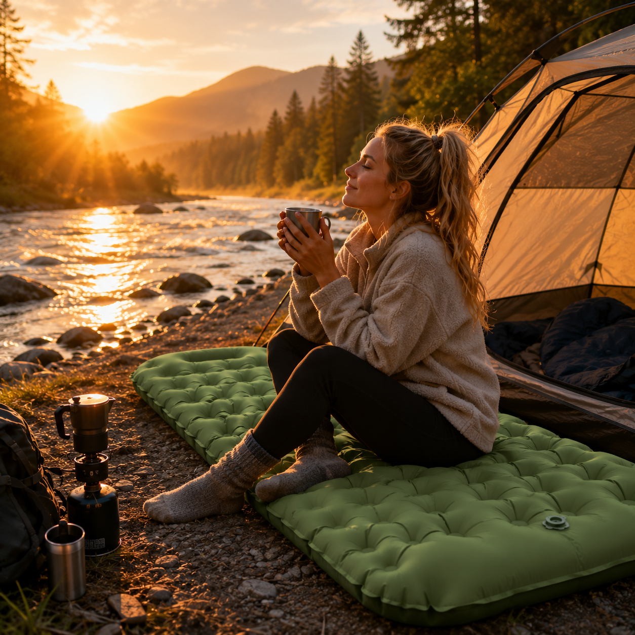 Shop inflatable camping air mattresses designed for comfortable sleep, shown beside a riverside campsite at sunrise for relaxing outdoor adventures.