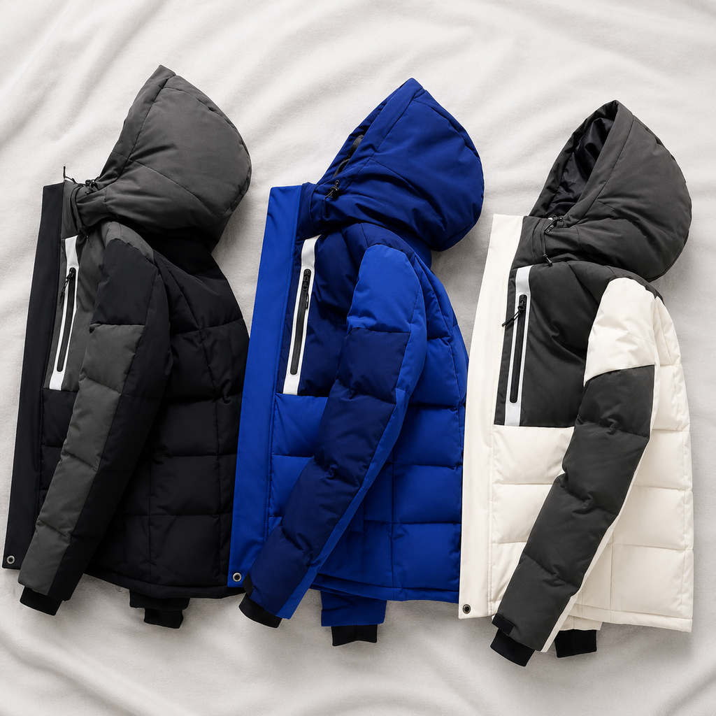 Three hooded winter puffer jackets in black, blue and white displayed on a soft grey and white cloth background, showcasing insulated outdoor jackets for cold weather.